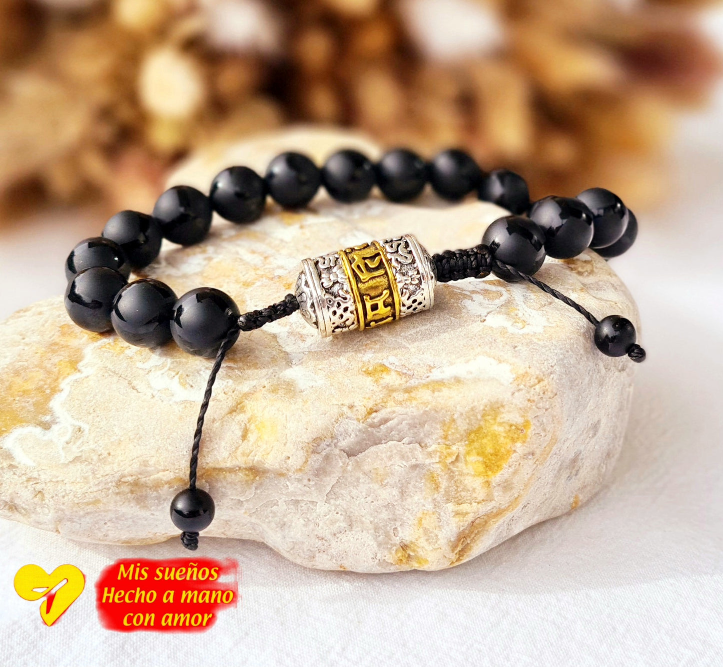 Herrenarmband "Naturstein-Perlen mit tibetischer Gebetsmühle" verschiedene Variationen