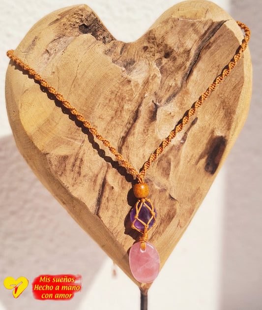 Makramee-Halskette "Amethyst und Rosenquarz"