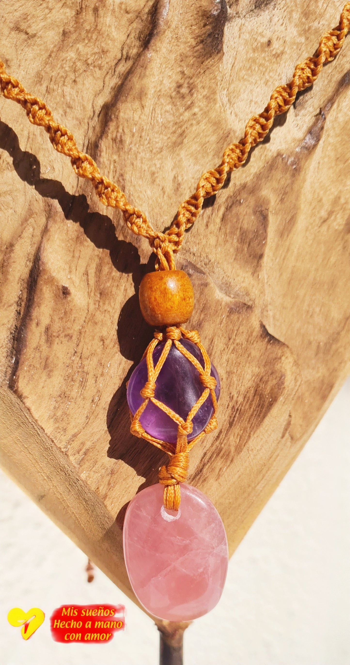 Makramee-Halskette "Amethyst und Rosenquarz"