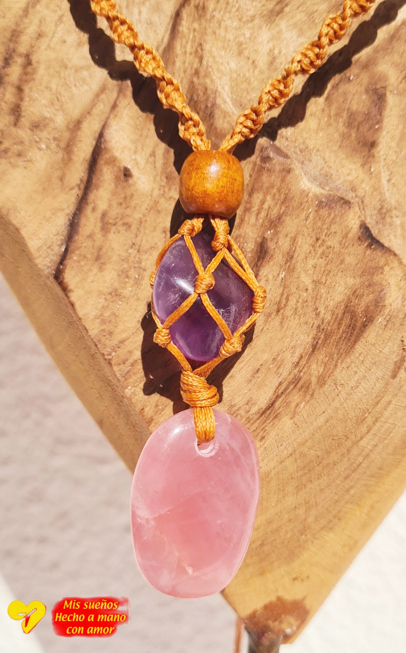 Makramee-Halskette "Amethyst und Rosenquarz"