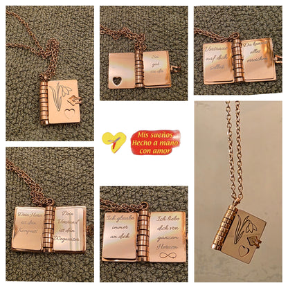 Medaillon Buch mit Gravur und Kette