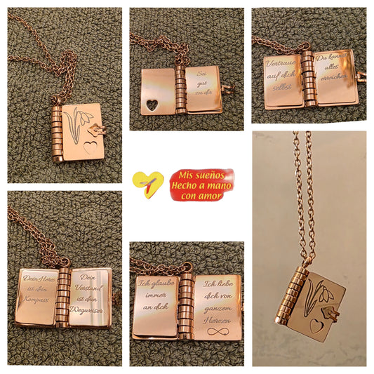Medaillon Buch mit Gravur und Kette