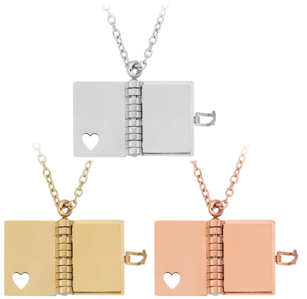 Medaillon Buch mit Gravur und Kette